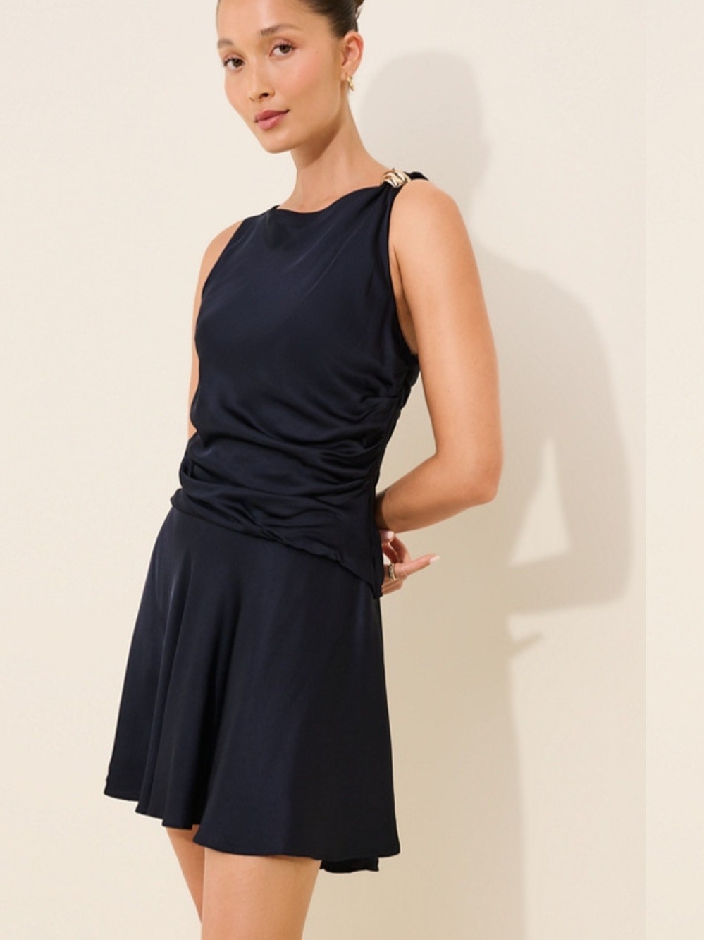 Astr💎 Navy Sleeveless Mini Dress with Gold Shoulder Accent